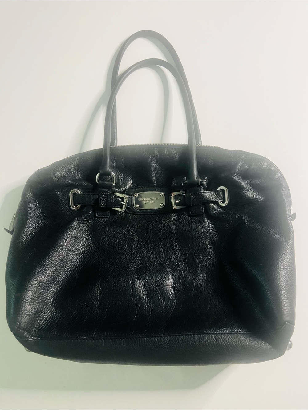 Pebbled Black Leather Satchel Handbag - Michael Kors Plaque Accent